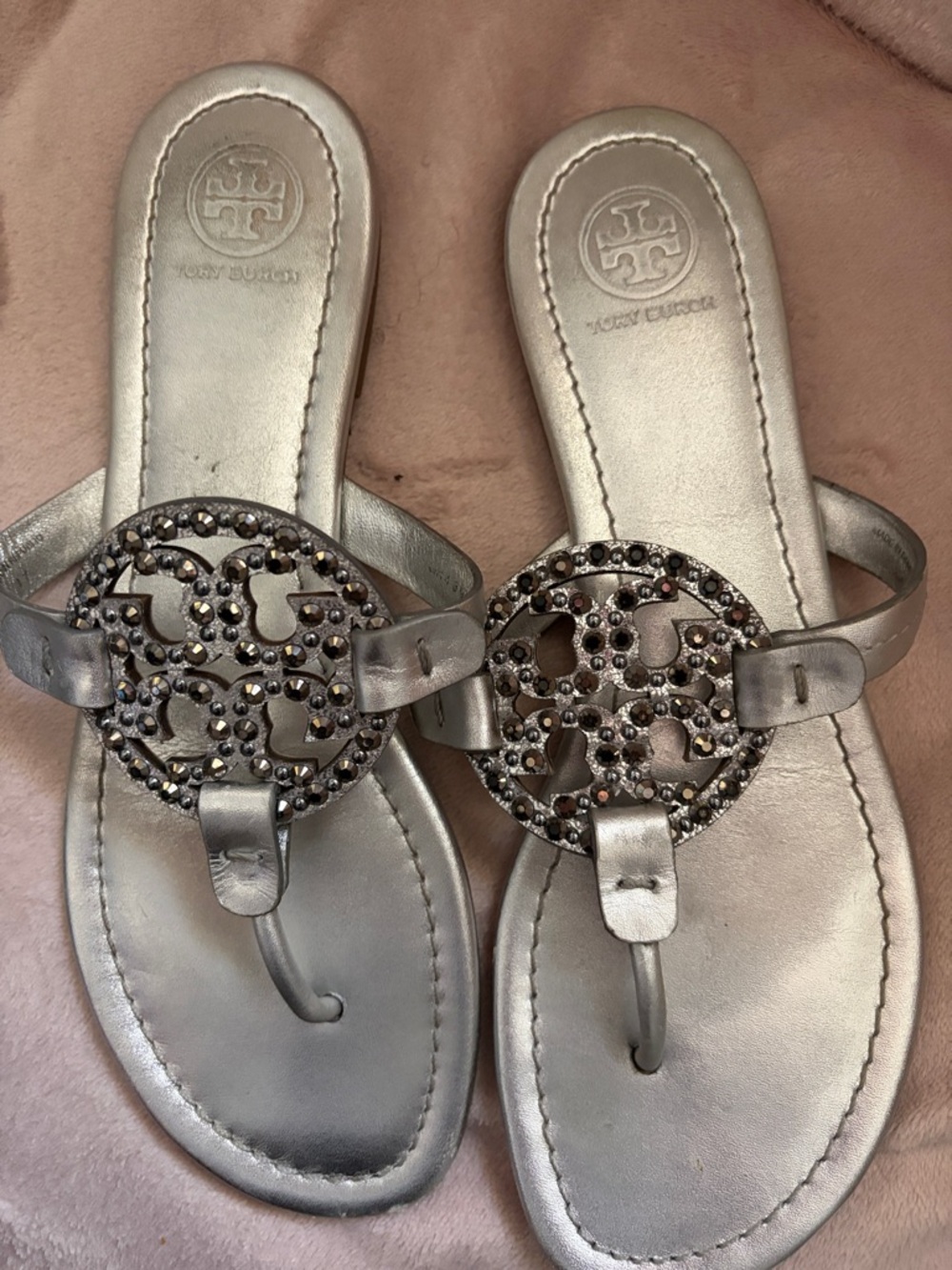 Tory Burch Metallic Silver Crystal Logo Toe-Post Sandals
